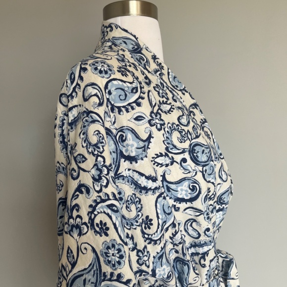 ZARA WOMAN BELTED PARSLEY PRINTED LINEN BLEND KIMONO JACKET BLUE WHITE XS-S‎ - Picture 7 of 10